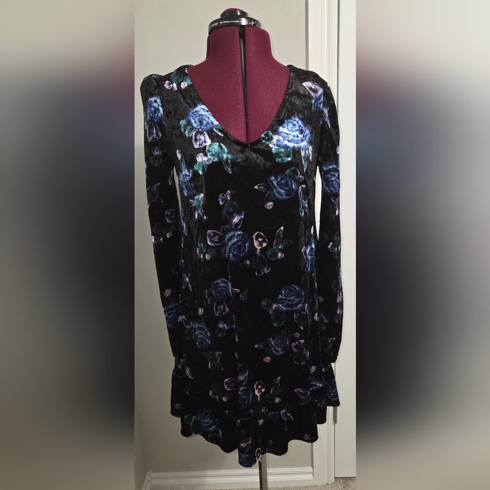 Wild Fable Velvet Dress with Blue and Purple Floral Design